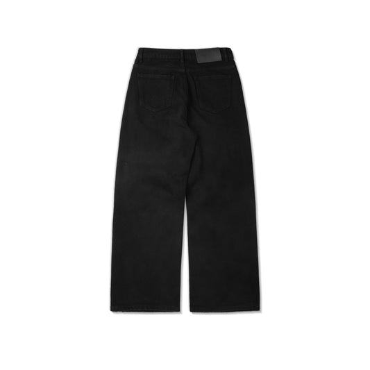 WIDE – LEG SOLID BLACK WASHED DENIM PANTS/ SOLID BLACK