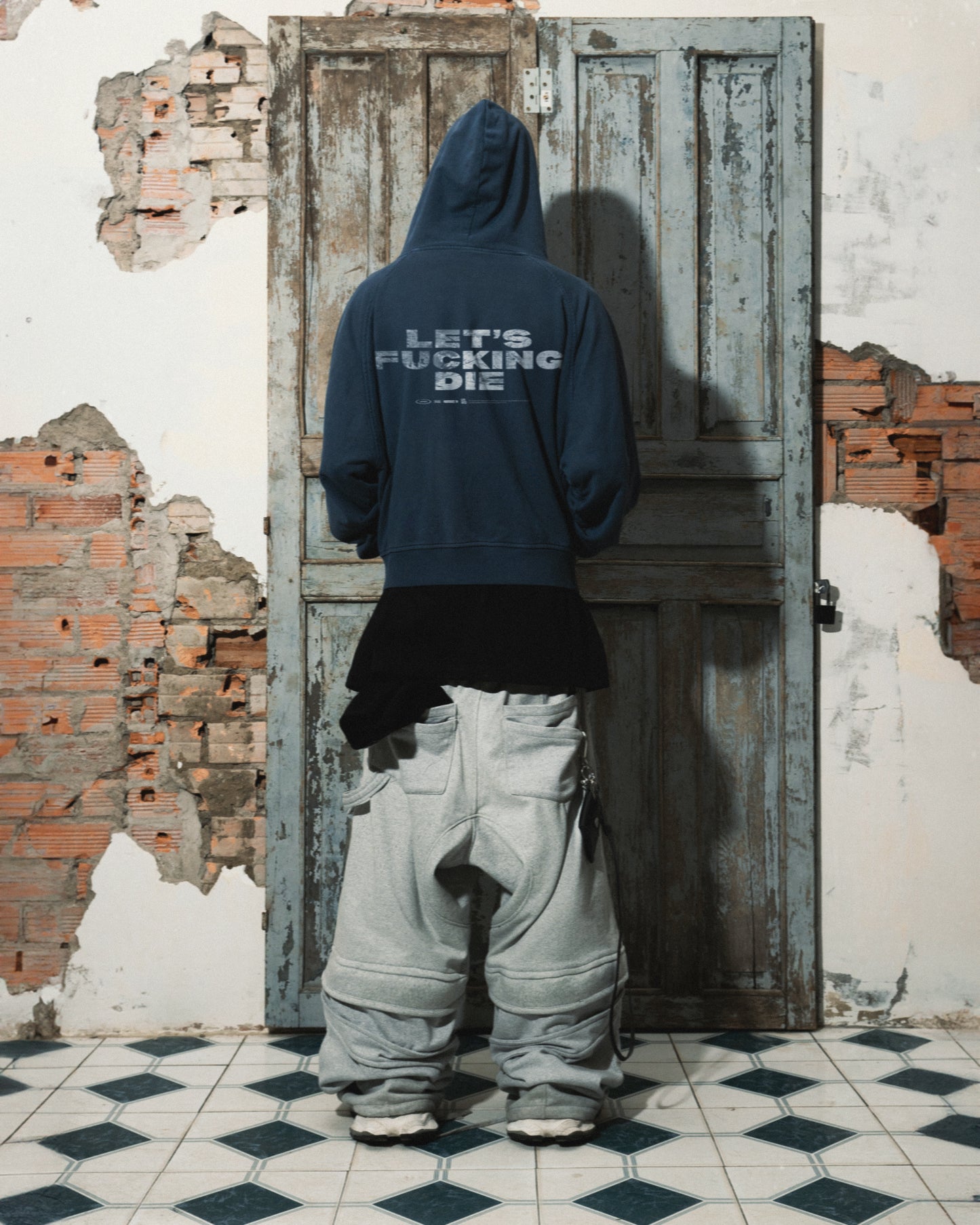 “LET’S FUCKING DIE” HOODED ZIP JACKET – BLUE**