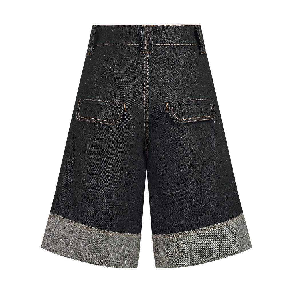 WIDE RAW DENIM SHORTS - BLACK SELVAGE