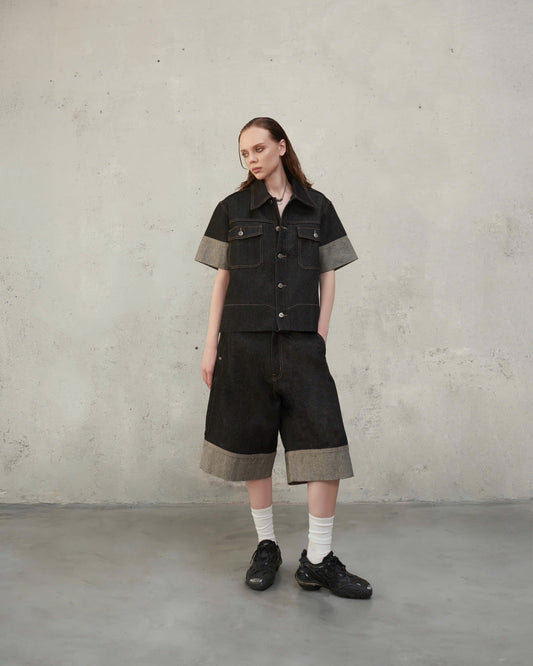 WIDE RAW DENIM SHORTS - BLACK SELVAGE