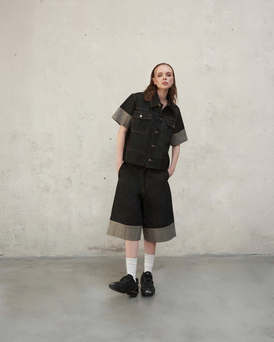 WIDE RAW DENIM SHORTS - BLACK SELVAGE