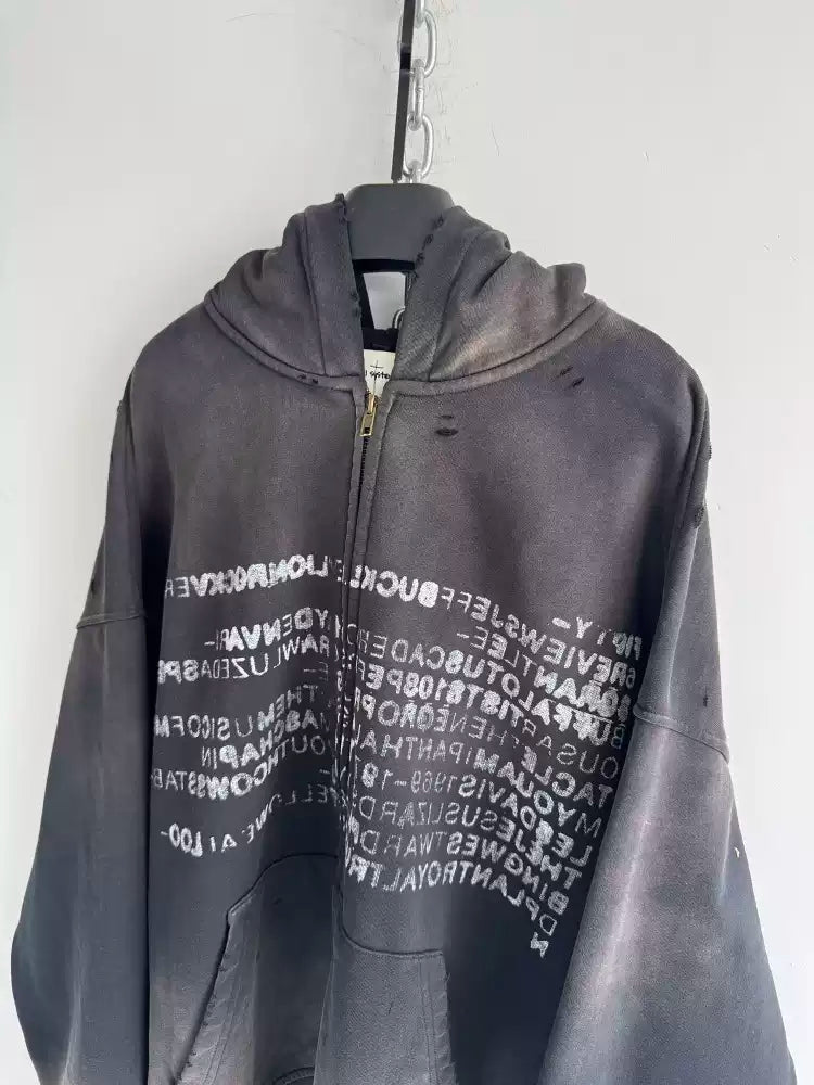 DISTRESSED TYPE ZIP HOODIE