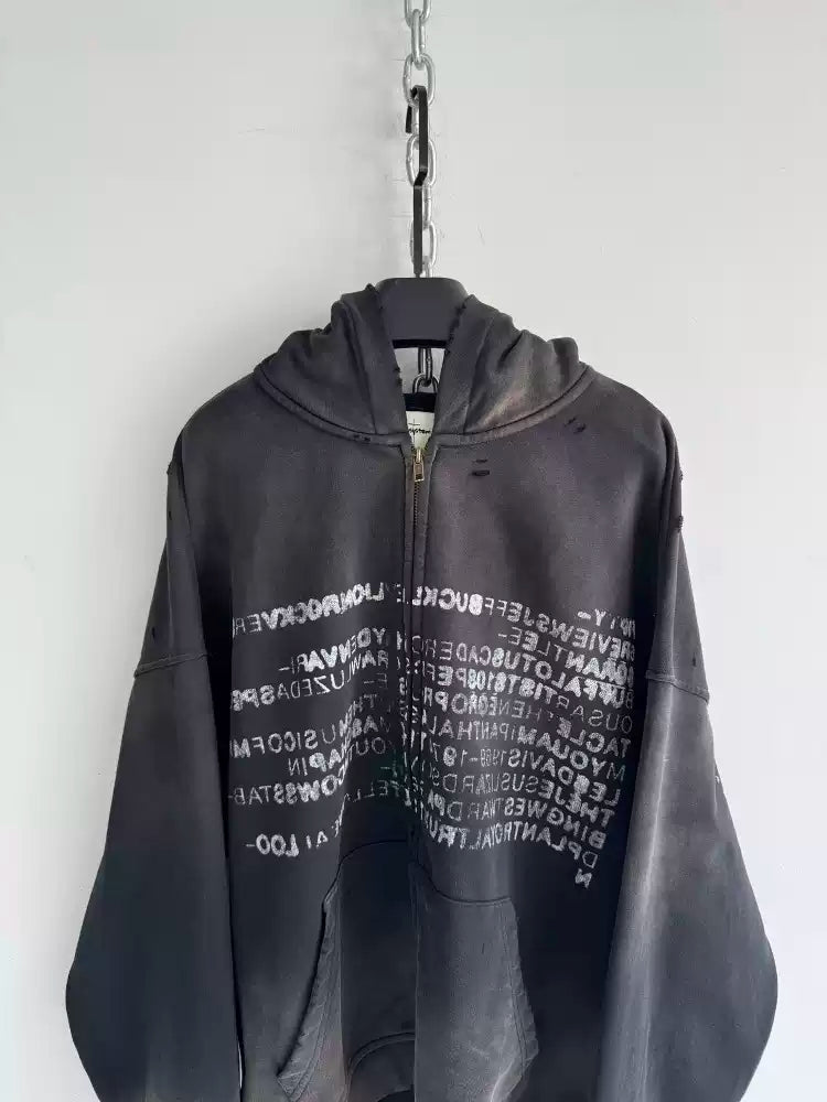 DISTRESSED TYPE ZIP HOODIE