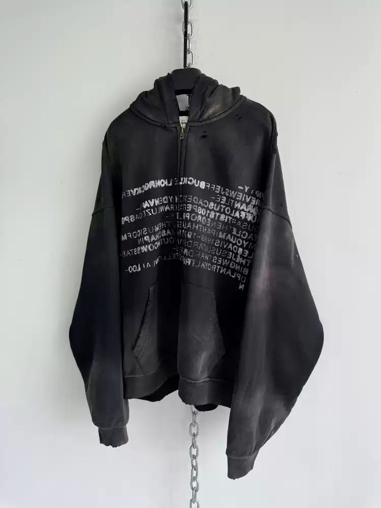 DISTRESSED TYPE ZIP HOODIE