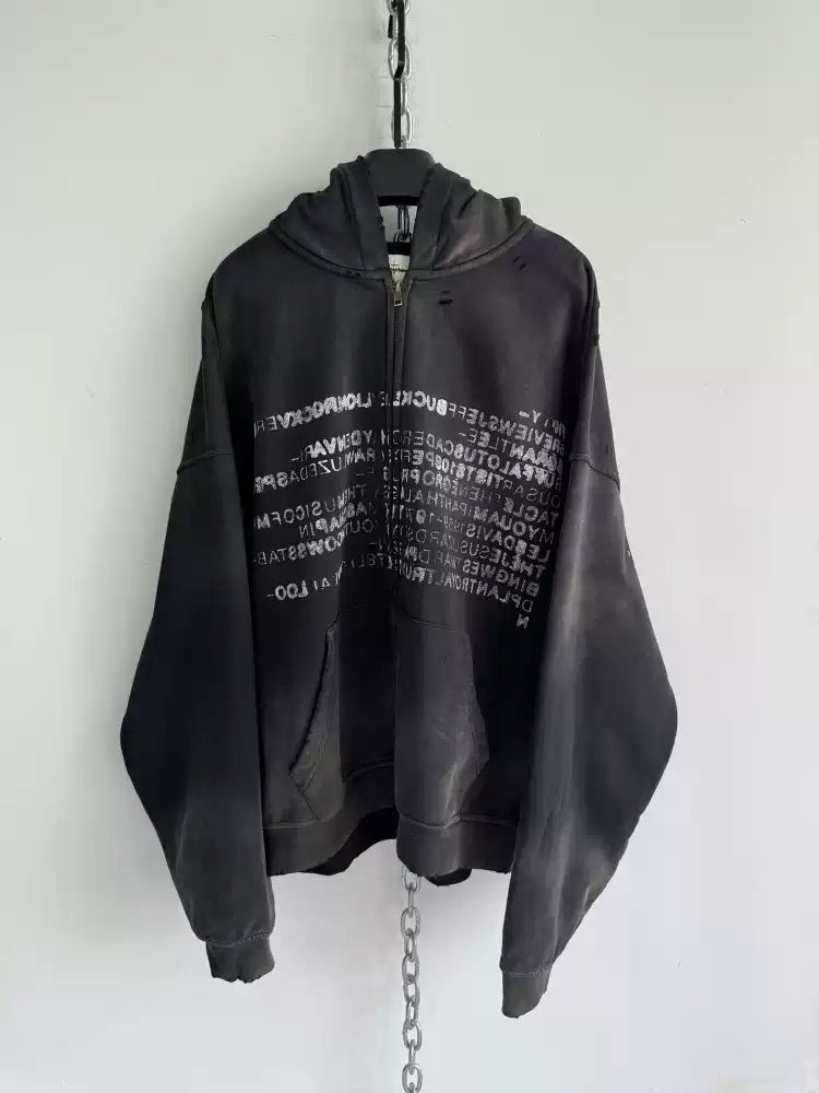 DISTRESSED TYPE ZIP HOODIE