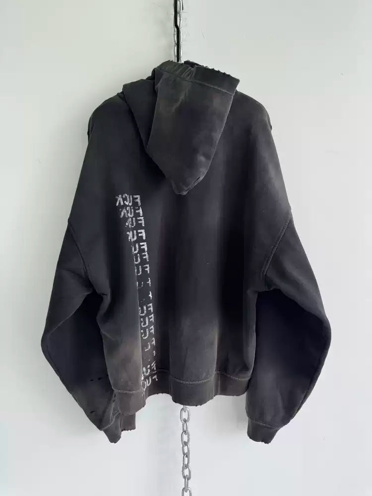 DISTRESSED TYPE ZIP HOODIE