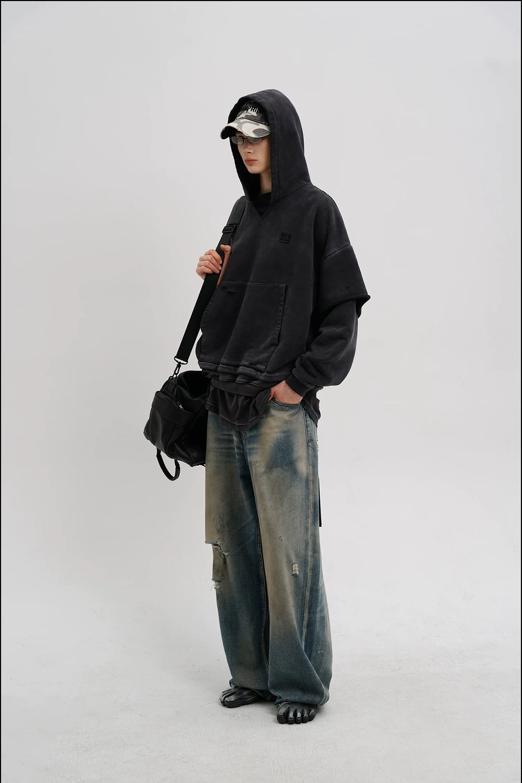 3-IN-1 DISTRESSED LAYERED HOODIE
