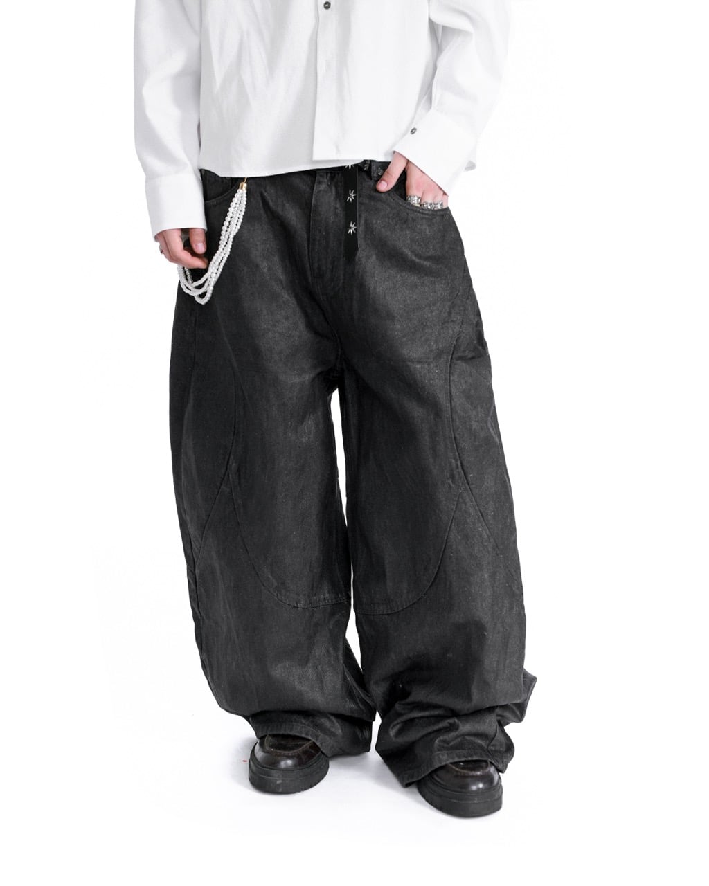 FAUX LEATHER COATED WIDE-LED JEANS