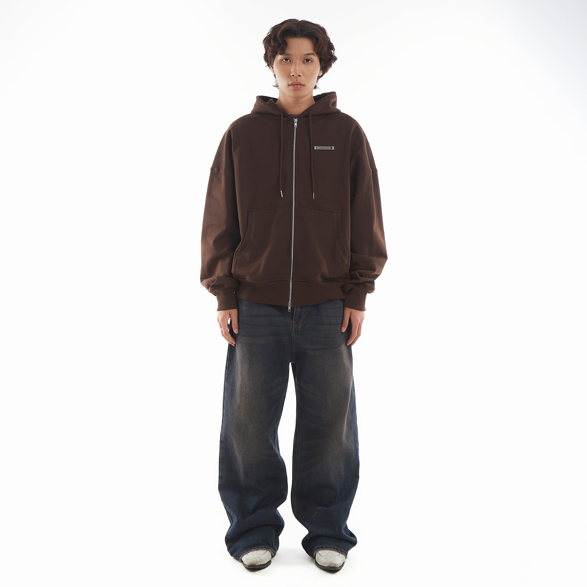 METAL ZIPPED HOODIE/ BROWN