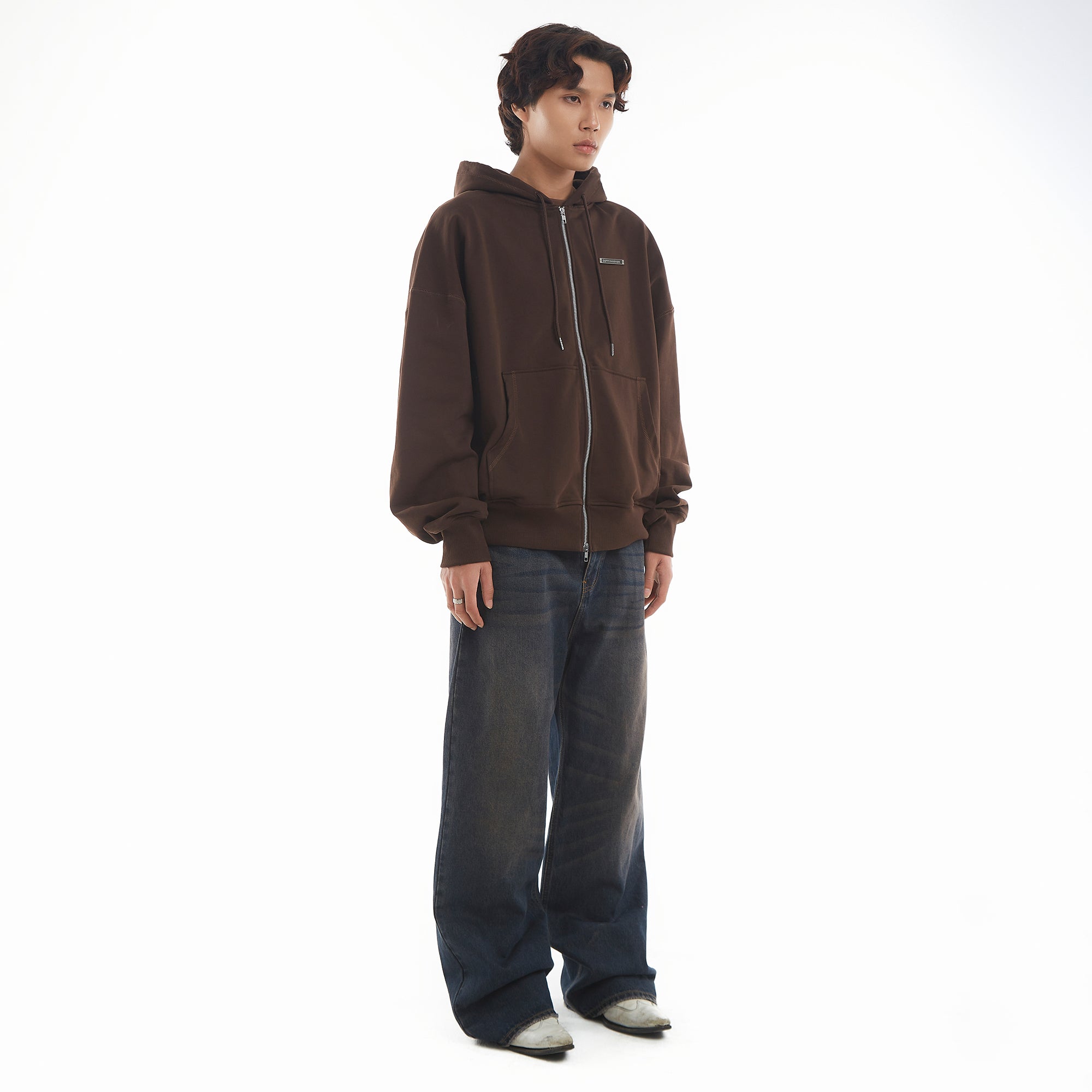 METAL ZIPPED HOODIE/ BROWN