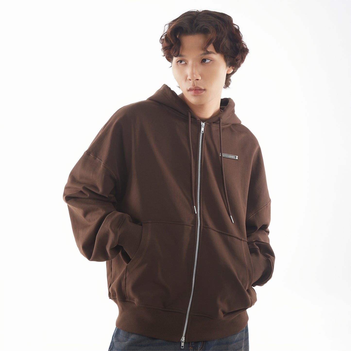 METAL ZIPPED HOODIE/ BROWN