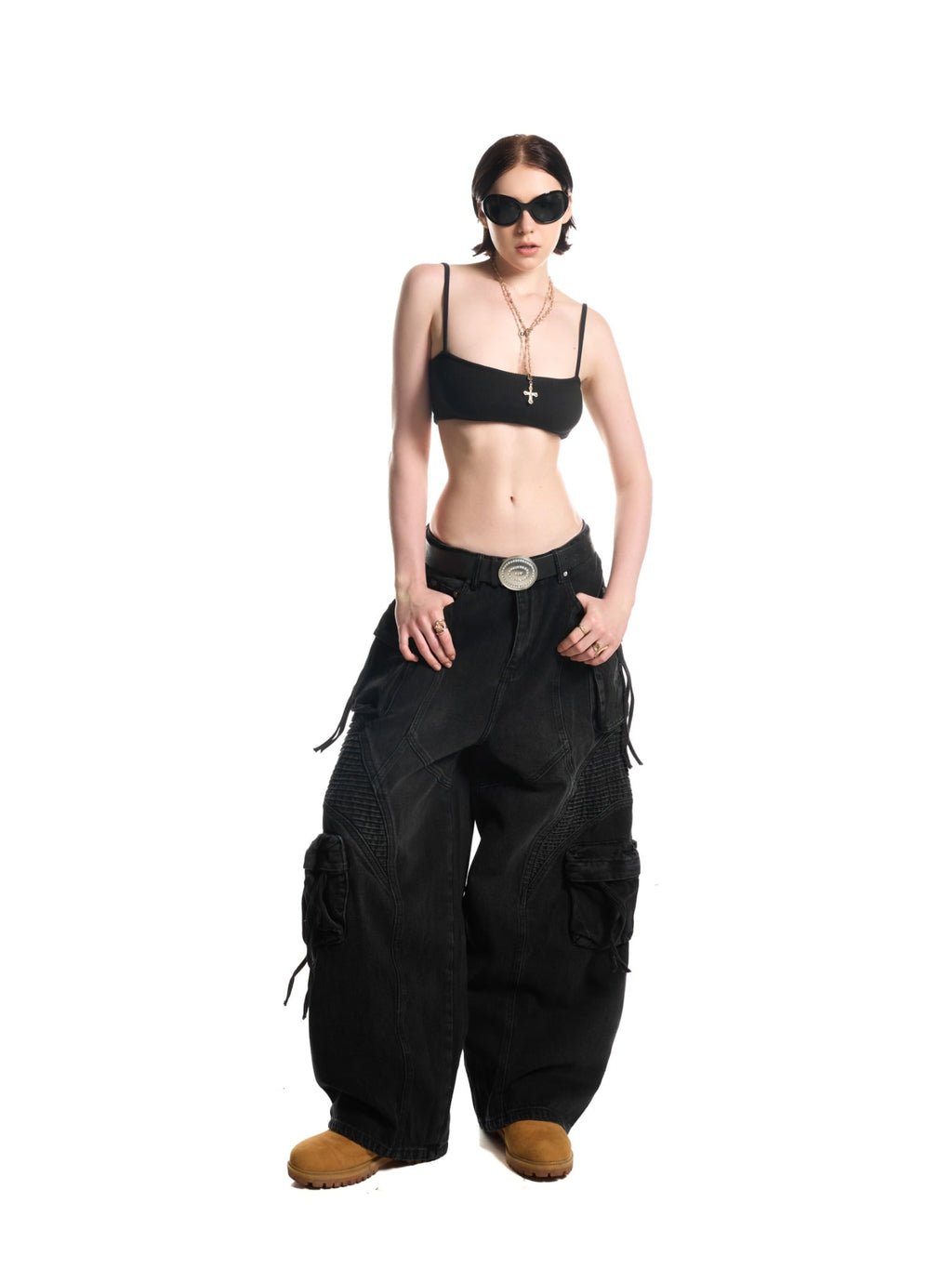 WASH BAGGY DENIM TROUSERS - BLACK