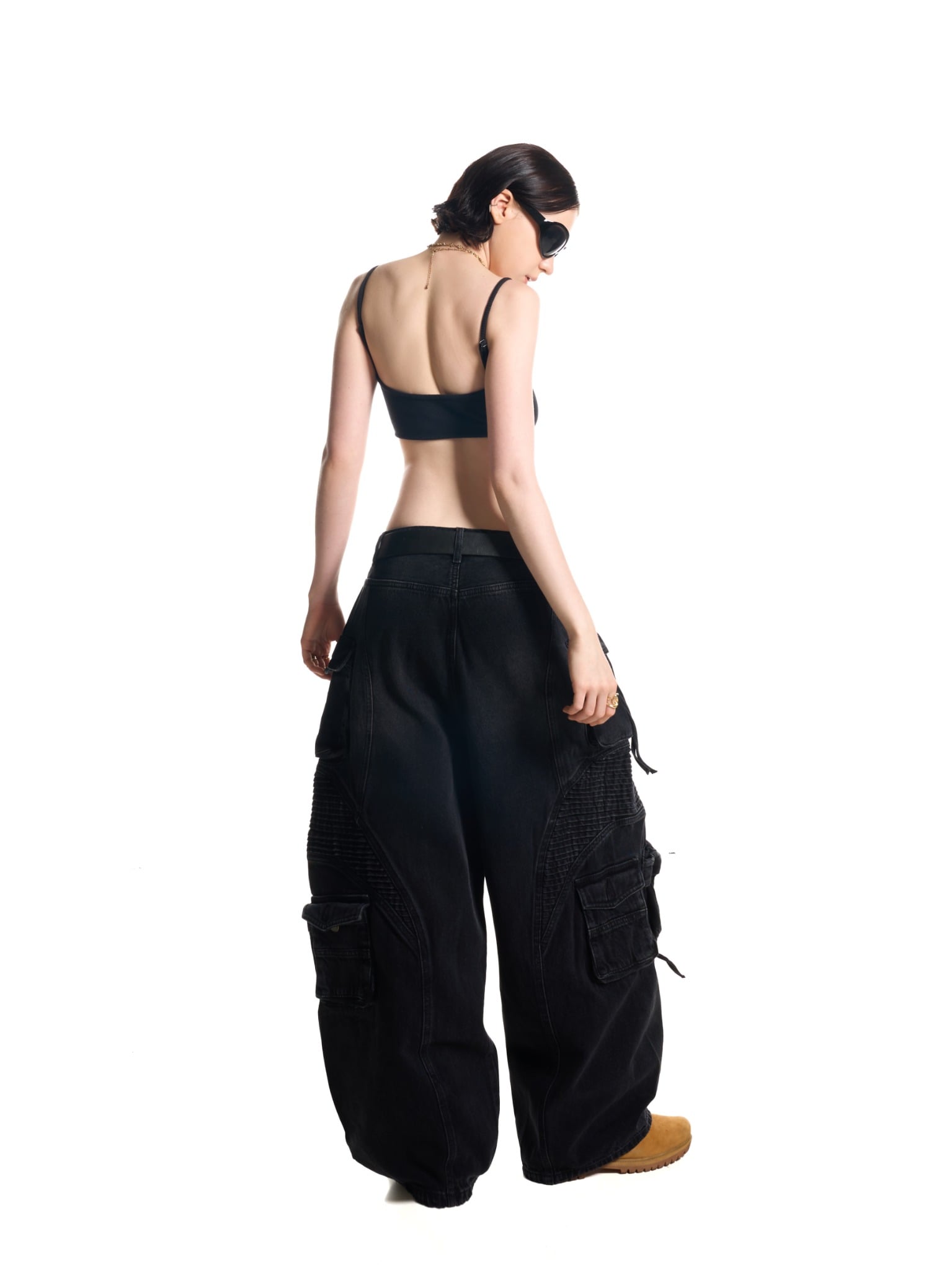 WASH BAGGY DENIM TROUSERS - BLACK